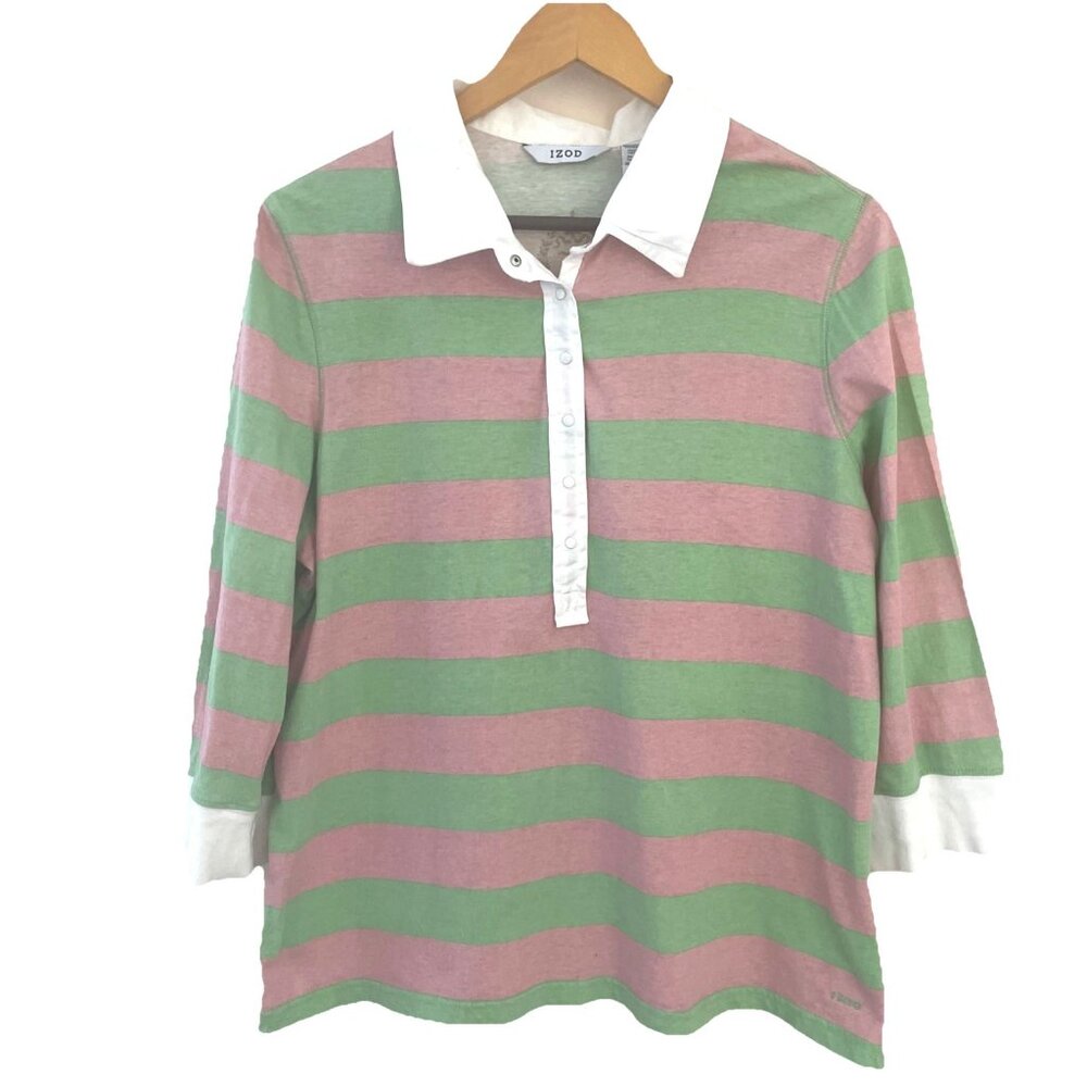 VTG 90s IZOD Women’s Rigby Shirt Size XL Pink Green Stripe Snaps Preppy Rare